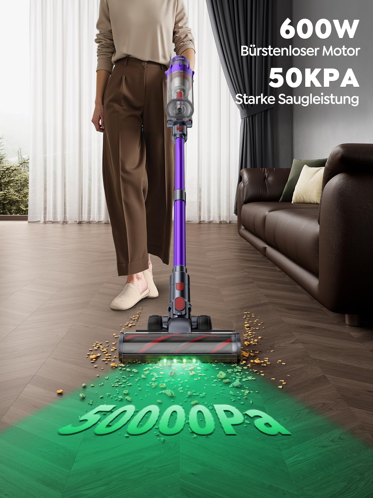 SMOTURE Akku Staubsauger, 600W, 50KPA, kabellos, 65 Min Laufzeit